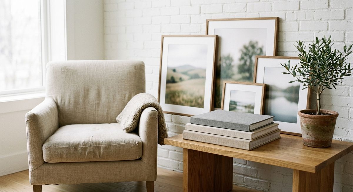 Studio client corner with a linen armchair, stacked photo albums, and framed prints against white brick