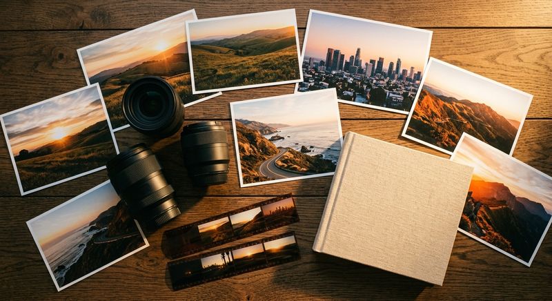 Overhead view of printed golden-hour photographs, lenses, and film negatives on an oak worktable