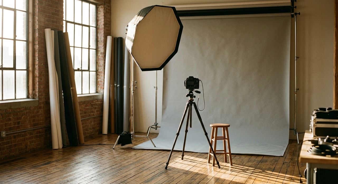Daylight photography studio at golden hour with a camera on a tripod, softbox, and seamless backdrop